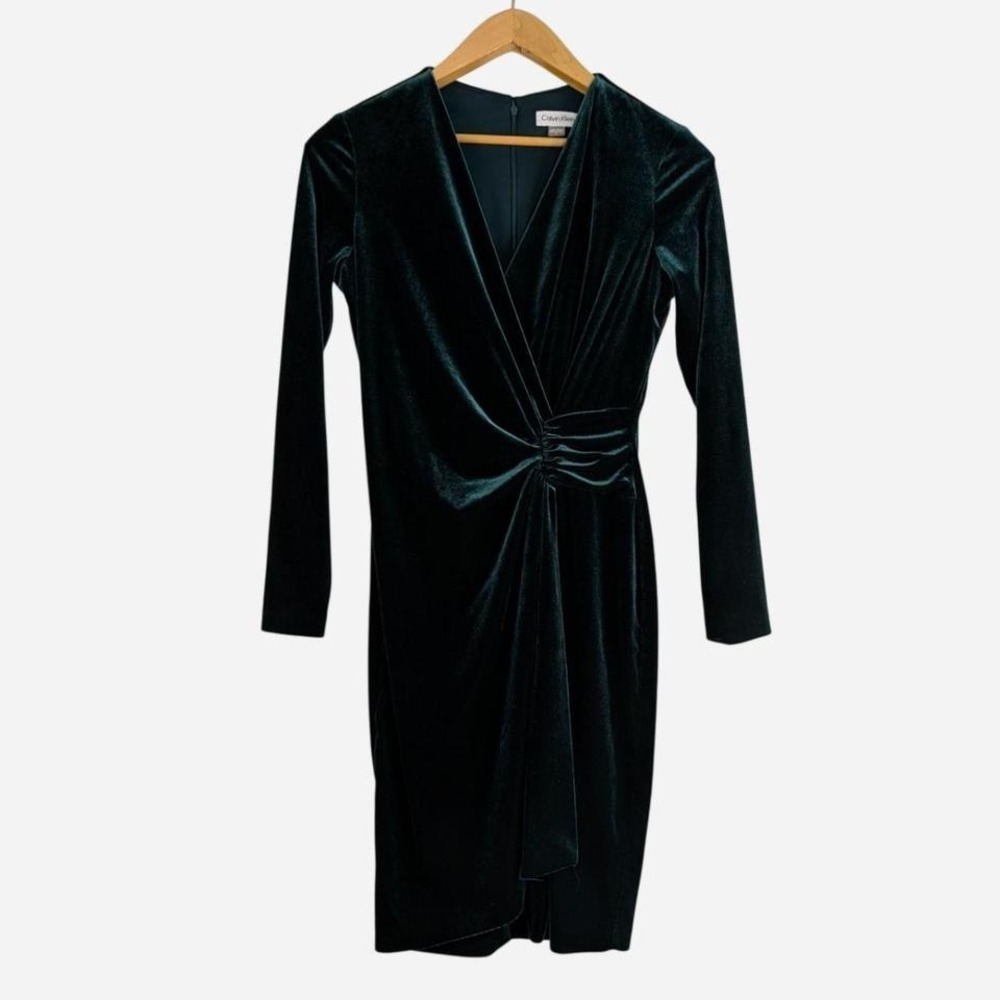 Calvin Klein Teal Velvet Ruched Wrap Midi Dress Size 6